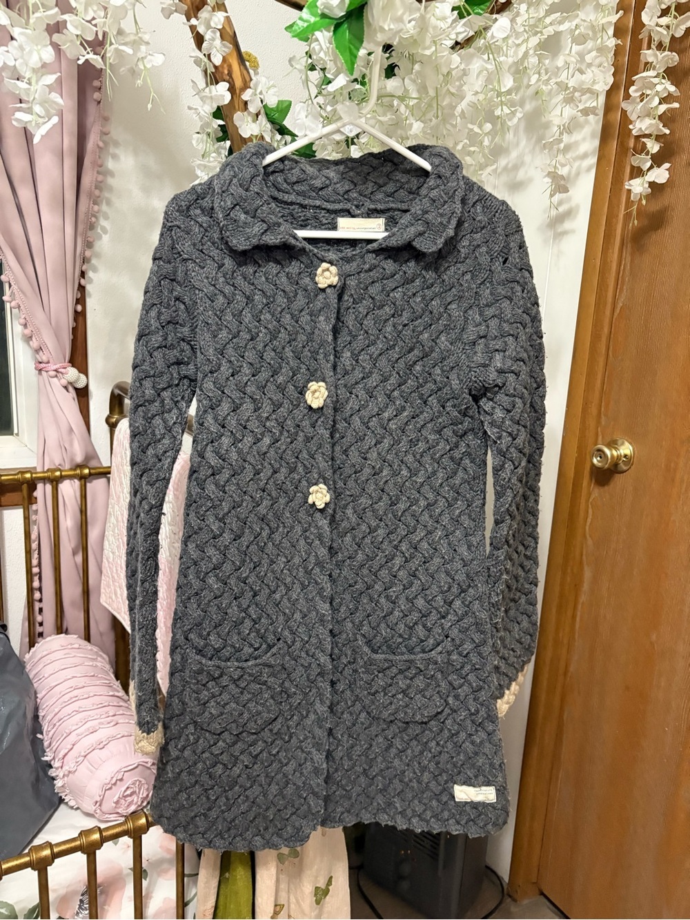 Odd Molly Dark Gray Cable Knit Cardigan with Flower Button